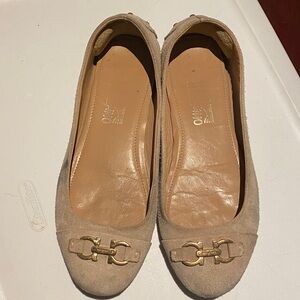 Salvatore Ferragamo Beige Flats with Gold Hardware